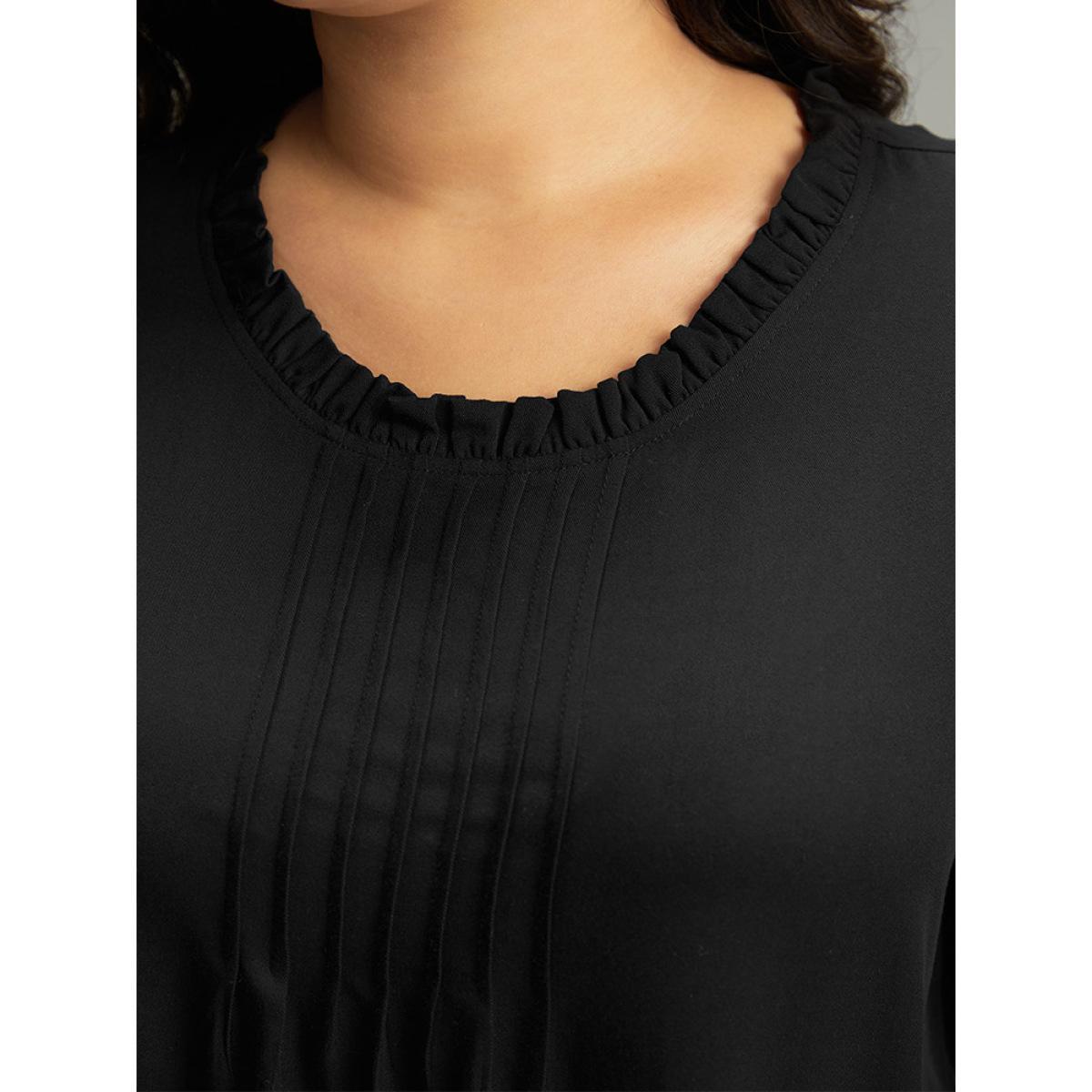 Plus Size Black Seam Detail Frill Trim Layered Blouse Women Elegant Long Sleeve Round Neck Dailywear Blouses BloomChic 12/L Product Image