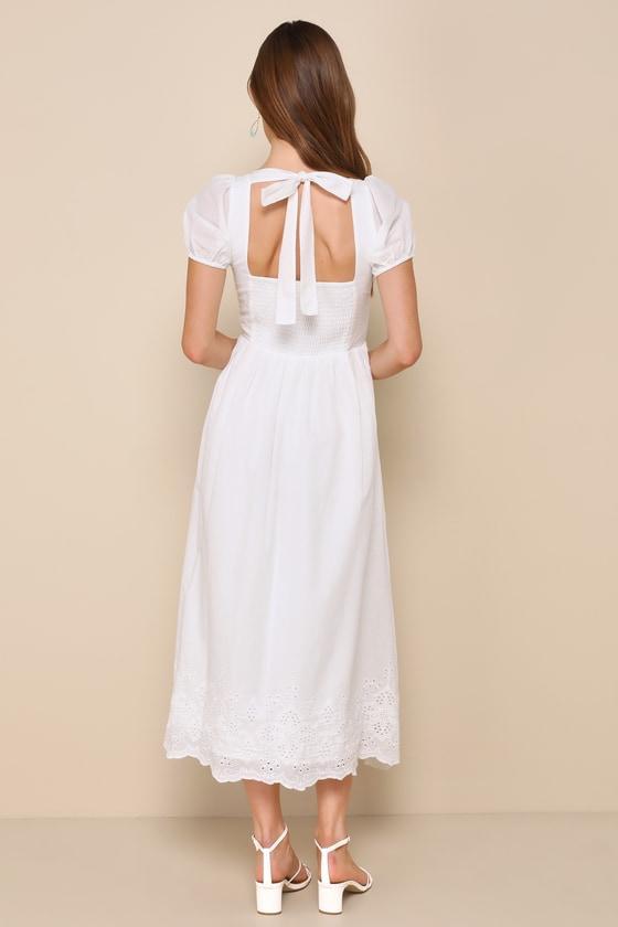 Stylish Merriment White Puff Sleeve Embroidered Midi Dress Product Image