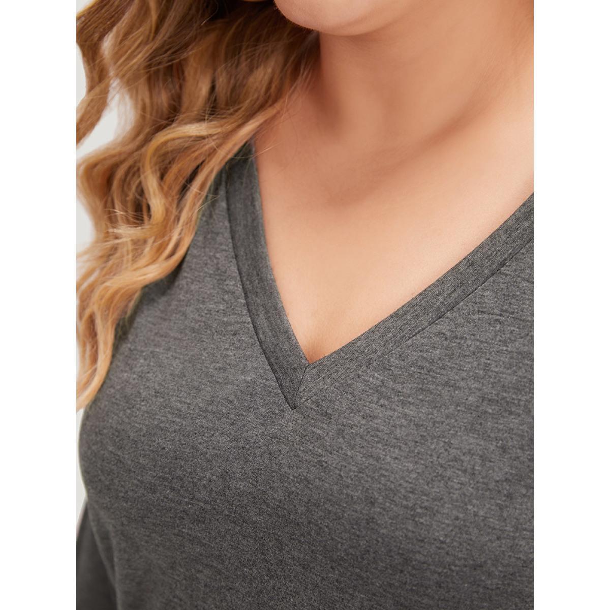 Plus Size Rhinestone Detail Hollow Out V Neck Long Sleeve T-shirt DimGray Women Casual Cut-Out Plain V-neck Dailywear T-shirts BloomChic 26/4X Product Image