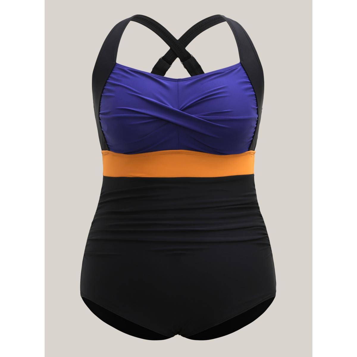 Plus Size Twisted Front Color Contrast One-Piece Swimsuit Women's Swimwear DarkBlue Beach Curve Bathing Suits High stretch One Pieces BloomChic 26/4X Product Image