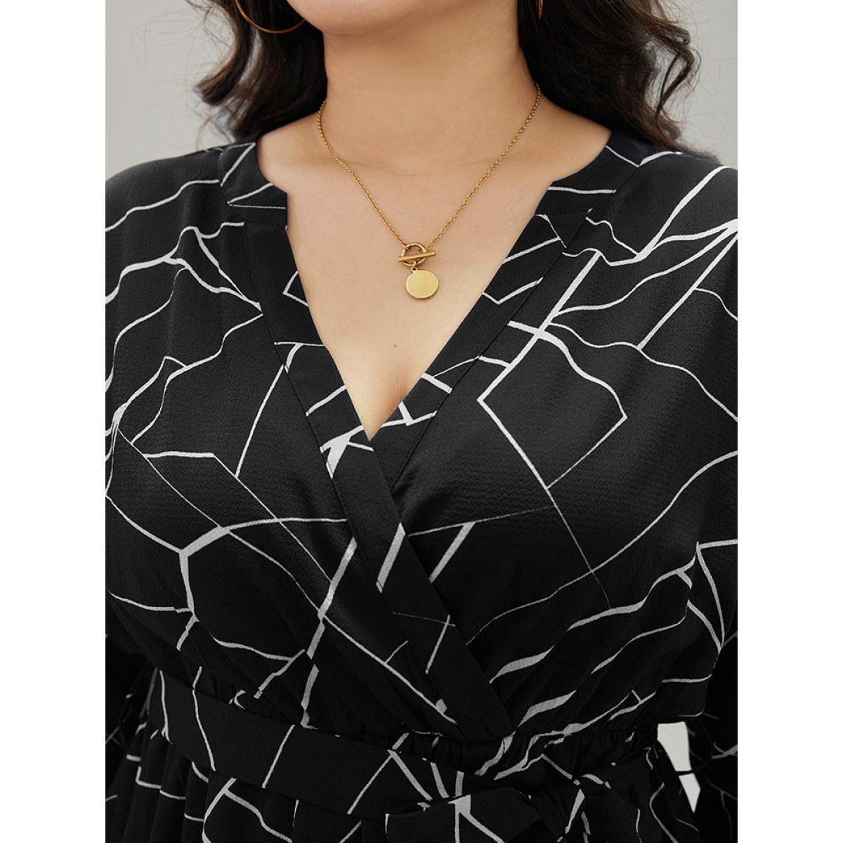 Plus Size Black Geometric Print Tab Sleeve Belted Wrap Blouse Women Office Long Sleeve V-neck Work Blouses BloomChic 10/M Product Image