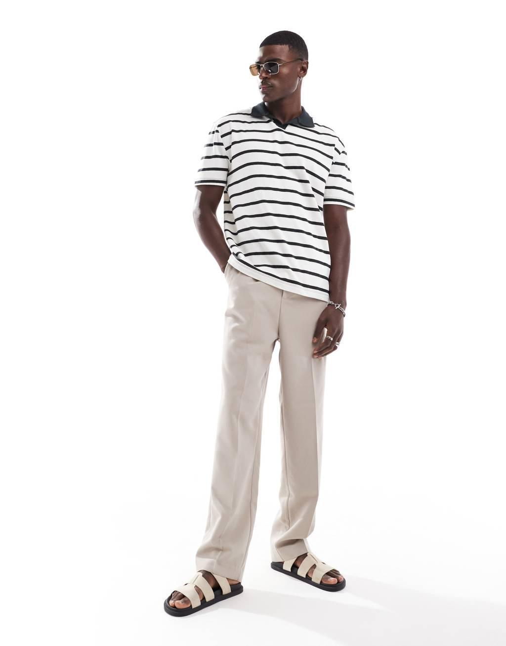 ASOS DESIGN relaxed fit polo in black and white stripe Product Image
