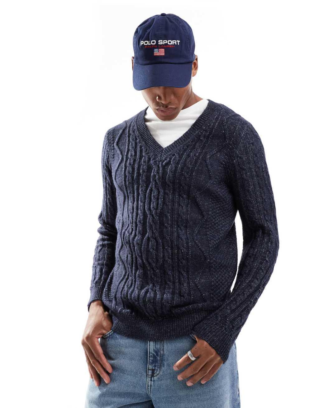 ASOS DESIGN heavyweight cable knit V-neck sweater in navy Product Image