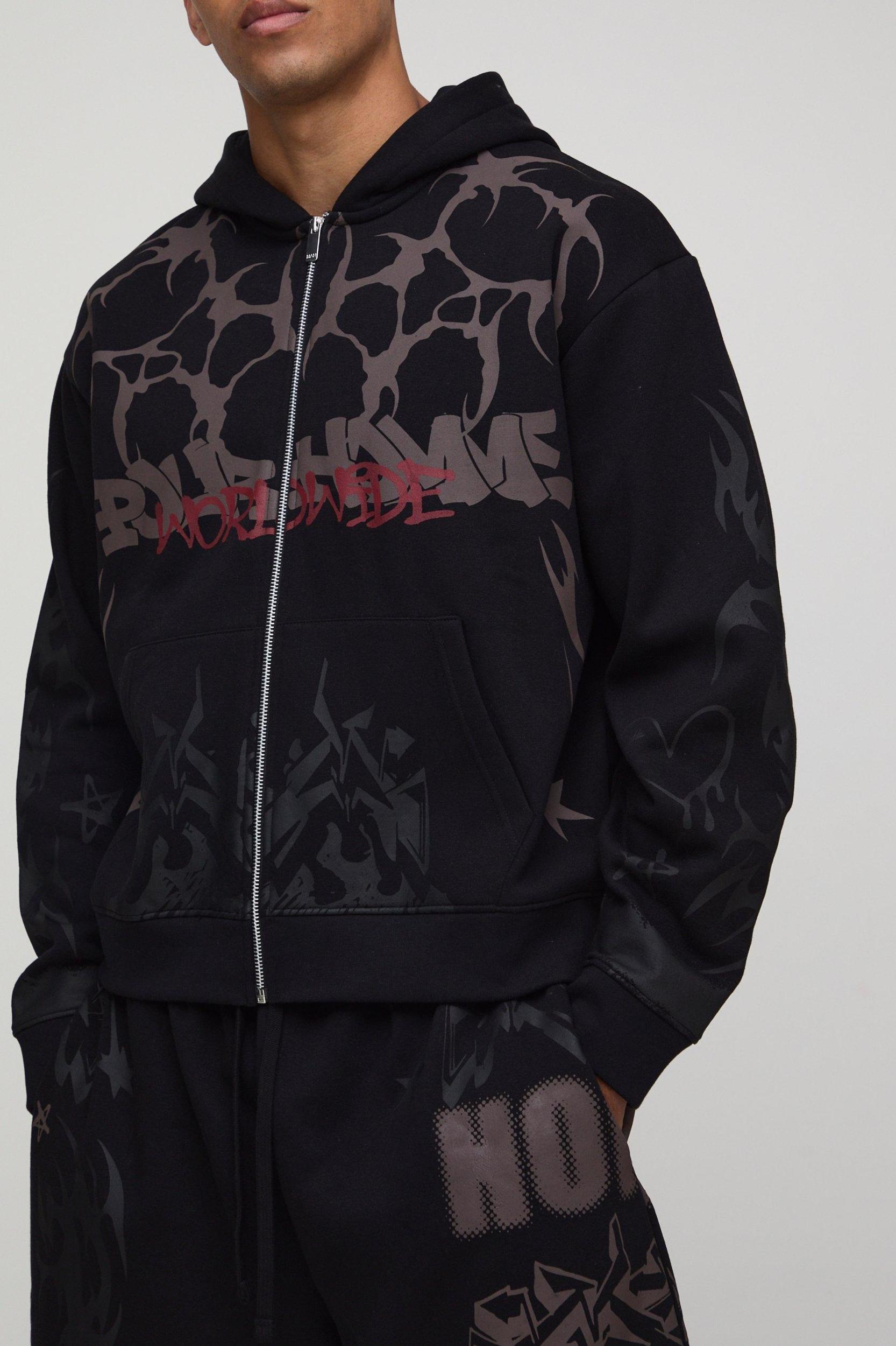 Oversized Boxy All Over Print Jort Zip Through Tracksuit | boohooMAN USA Product Image