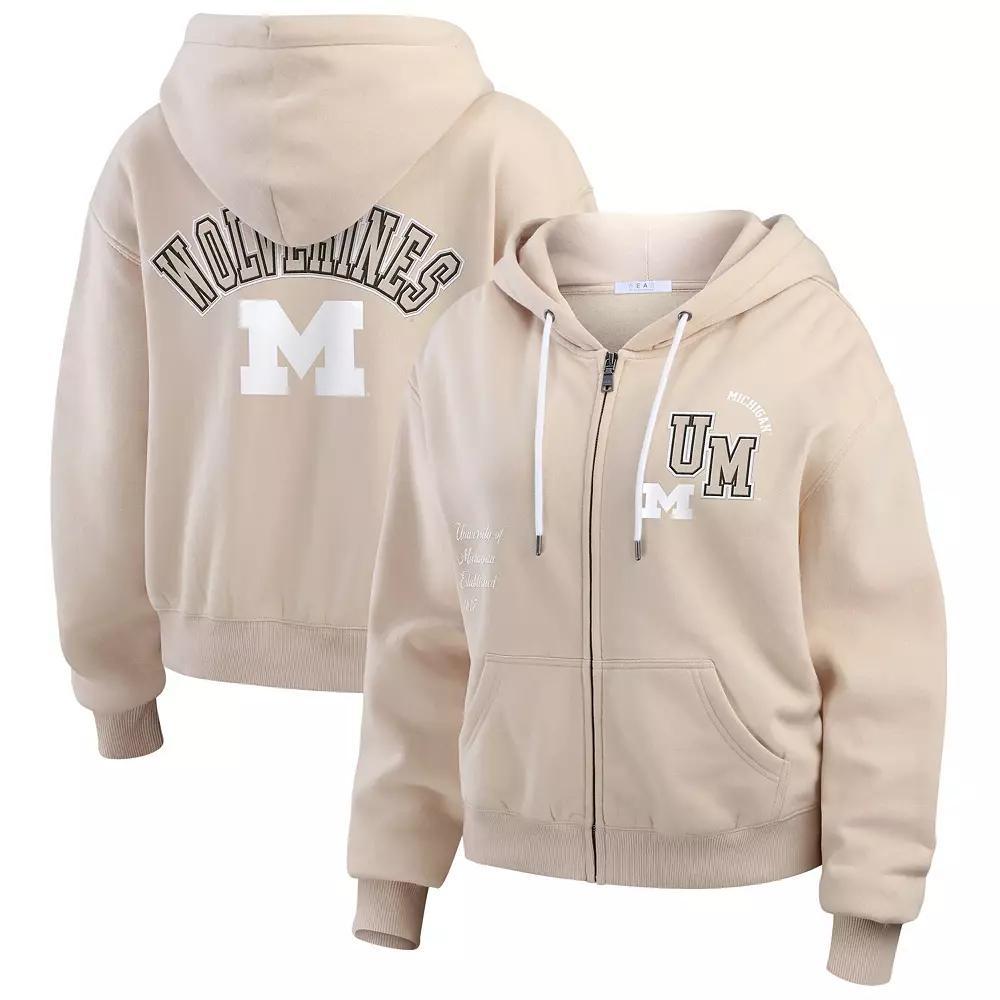 Women's WEAR by Erin Andrews Tan Michigan Wolverines Mixed Media Tonal Full-Zip Hoodie, Size: Medium, Team Product Image
