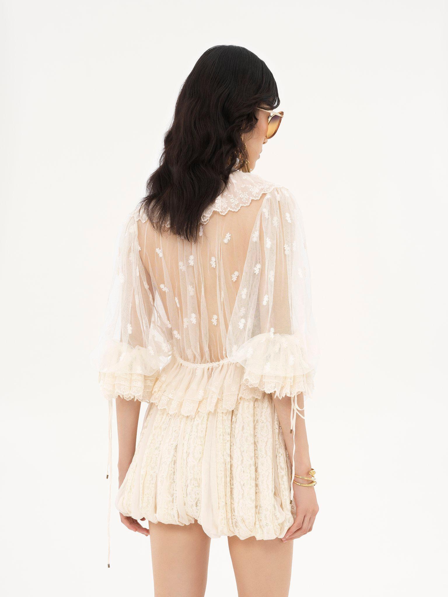 V-neck ruffle top in embroidered lace Product Image