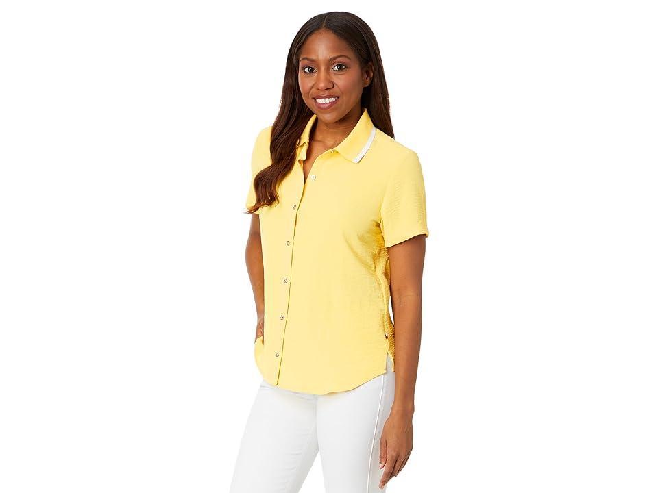 Tommy Hilfiger Short Sleeve Button Up With Ribbed Collar (Ivory) Women's Clothing Product Image