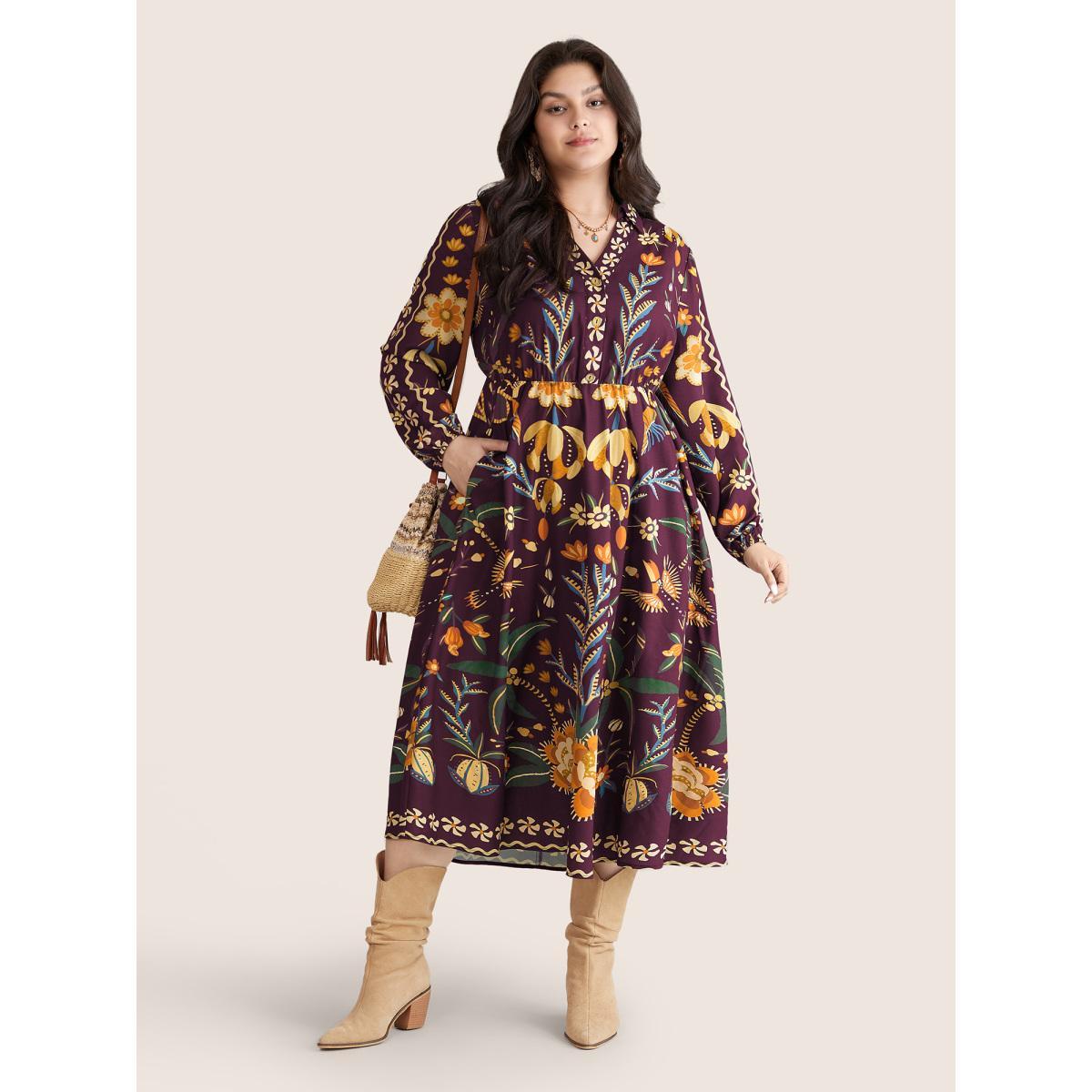 Plus Size Bandana Print Pocket Lapel Collar Elastic Cuffs Dress Deeppurplered Women Resort Non V-neck Long Sleeve Curvy Midi Dress BloomChic 22-24/3X Product Image