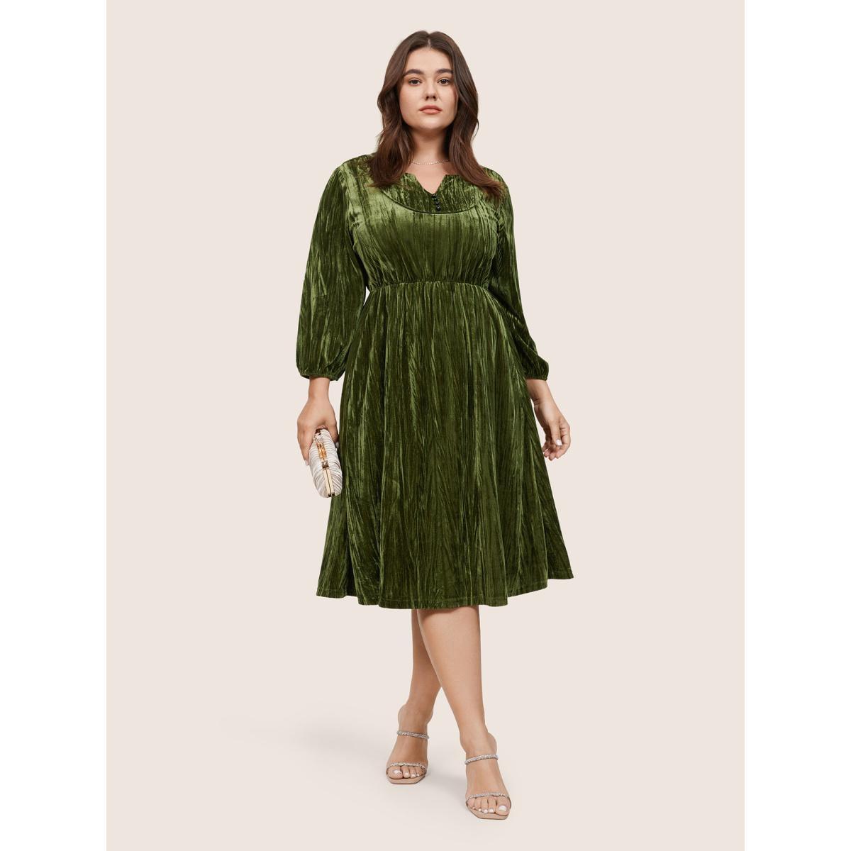 Plus Size Velvet Button Detail Notched Elastic Waist Dress ArmyGreen Women Elegant Velvet Notched collar Long Sleeve Curvy Midi Dress BloomChic 26/4X Product Image
