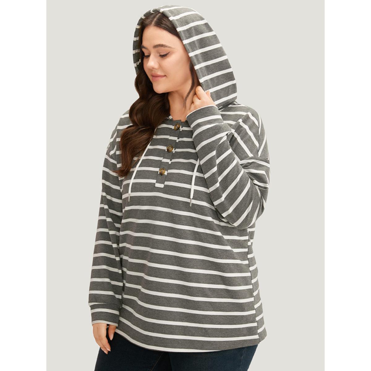 Plus Size Striped Button Up Hooded Sweatshirt Women Gray Casual Button Hooded Dailywear Sweatshirts BloomChic 18-20/2X Product Image