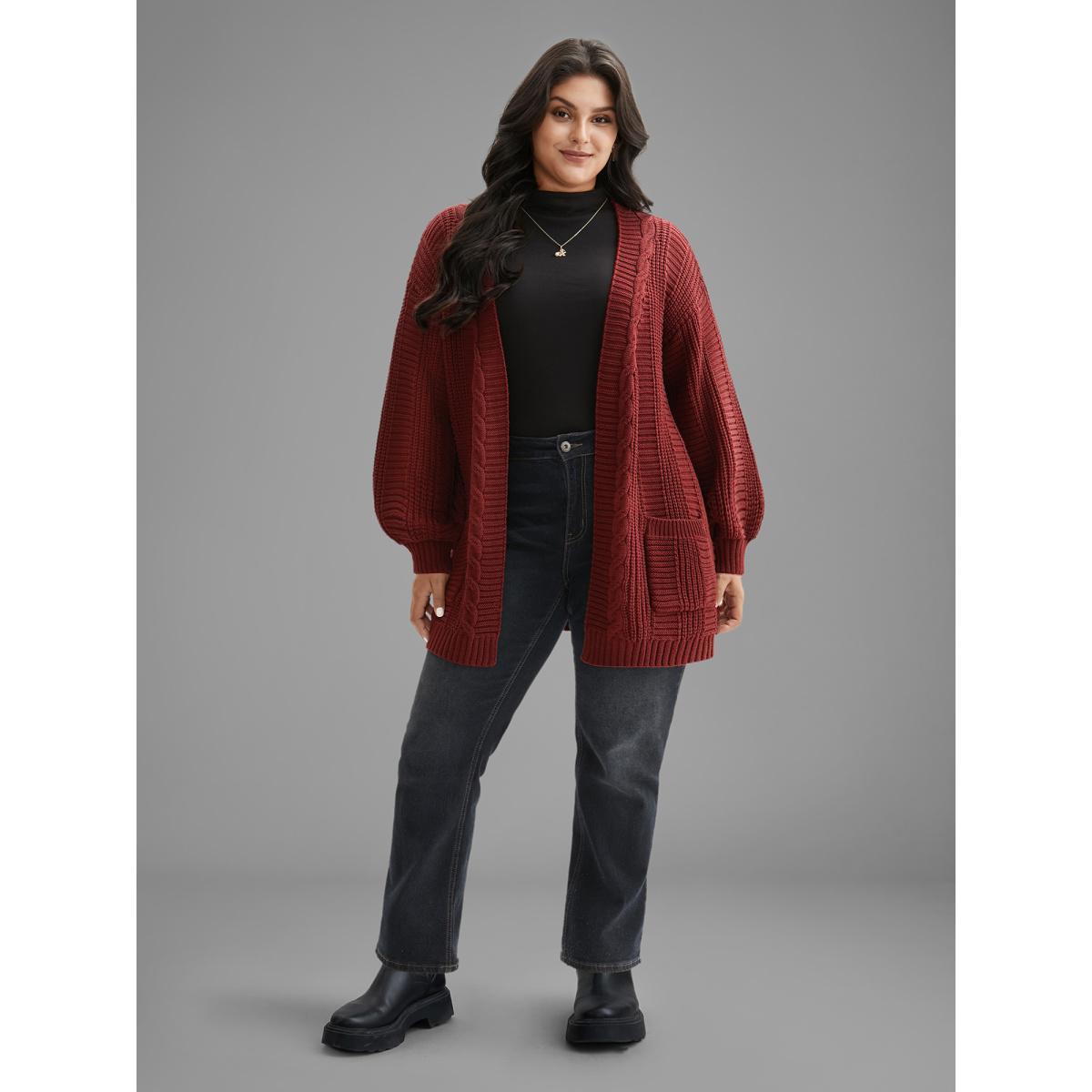 Plus Size Cable Knit Ribbed Detailing Open Front Cardigan Deepred Women Casual Loose Long Sleeve Everyday Cardigans BloomChic 22-24/3X Product Image