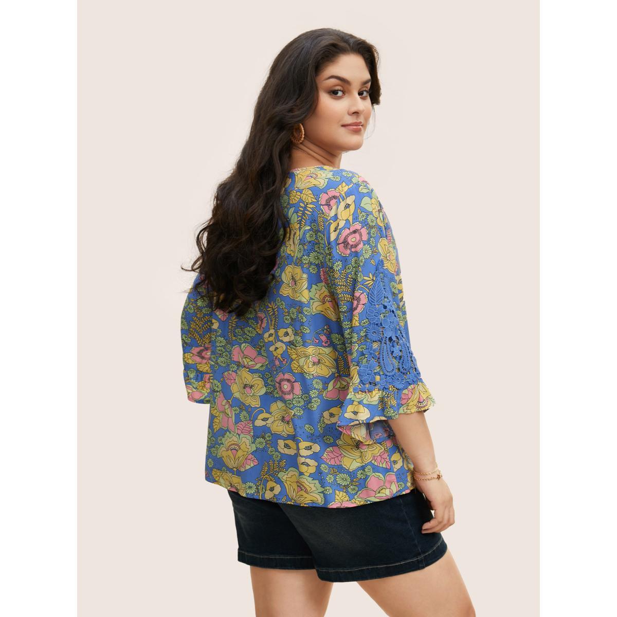 Plus Size Bluepurple Boho Print Guipure Lace Ruffles Blouse Women Resort Elbow-length sleeve V-neck Vacation Blouses BloomChic 10/M Product Image