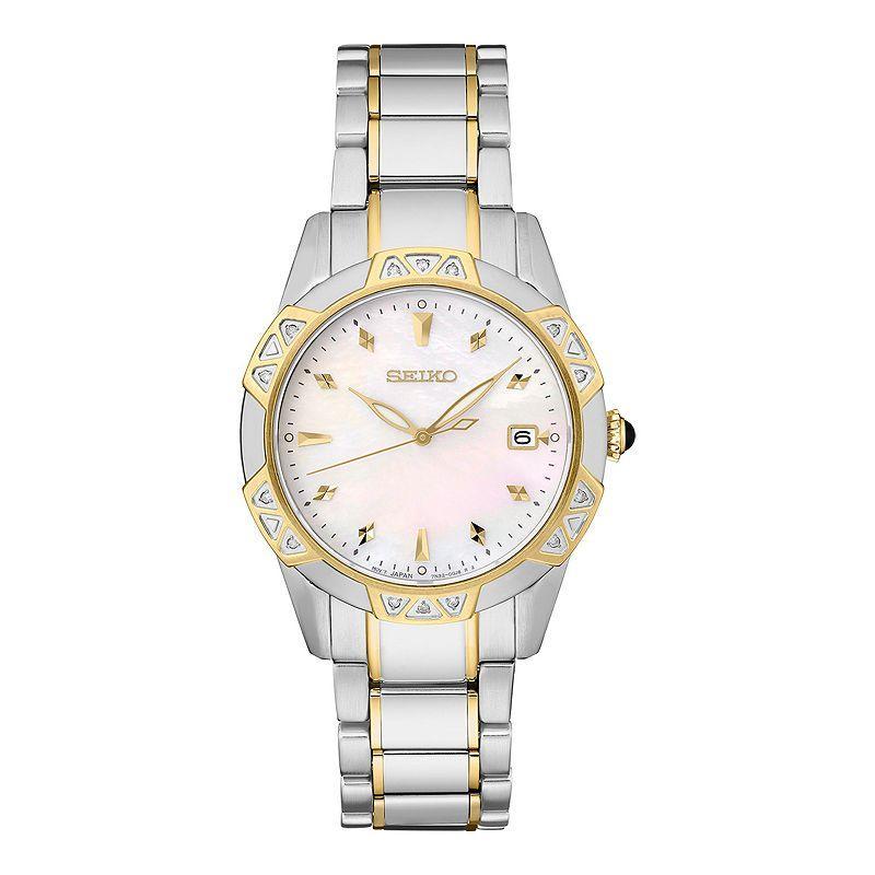 Seiko Two Tone Mother-of-Pearl Dial Bracelet Watch - SKK728, Women's, Size: Medium, M Of White Product Image