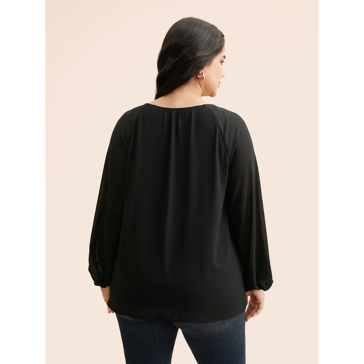 Plus Size Black Keyhole Metal Detail Gathered Blouse Women Elegant Long Sleeve Asymmetrical Neck Everyday Blouses BloomChic 12/L Product Image