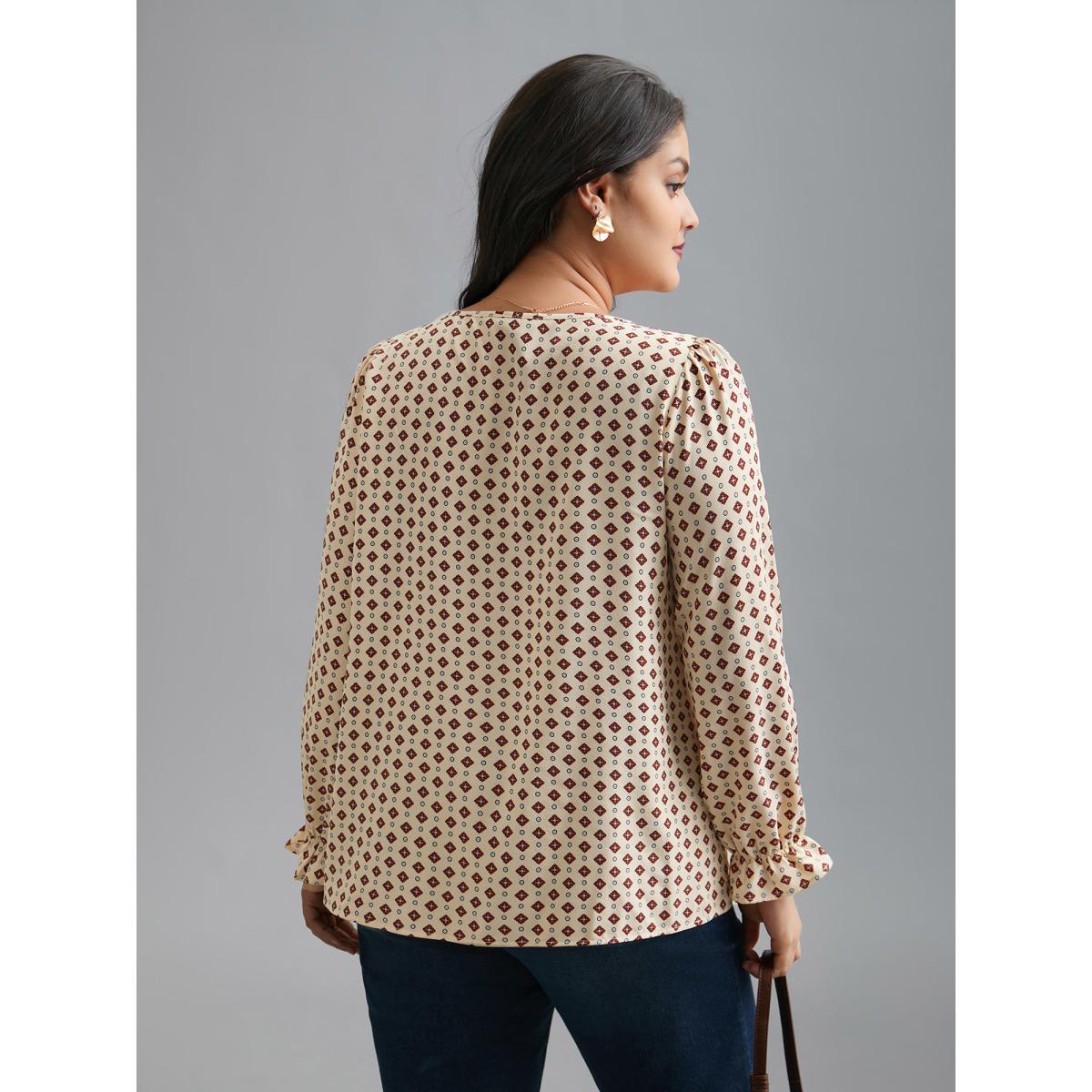 Plus Size Apricot Round Neck Geometric Print Pleated Blouse Women At the Office Long Sleeve Round Neck Work Blouses BloomChic 14-16/1X Product Image