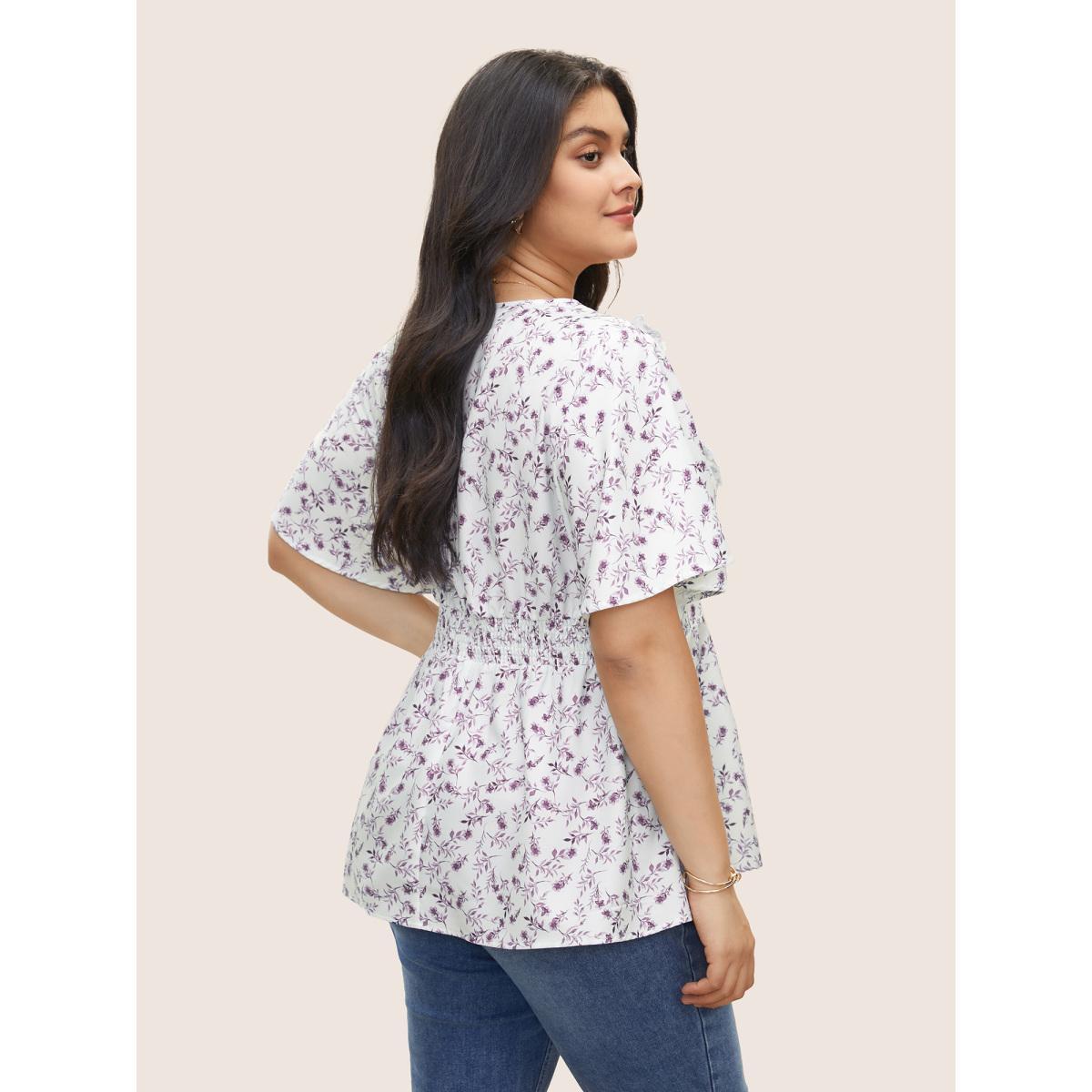 Plus Size Purple Floral Pleated Elastic Waist Ruffle Sleeve Blouse Women Elegant Half Sleeve V-neck Everyday Blouses BloomChic 28/5X Product Image