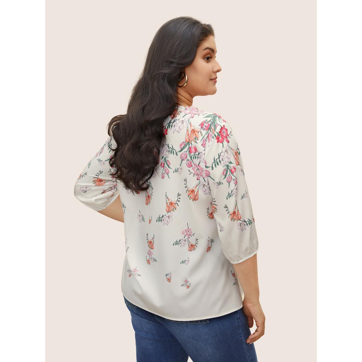 Plus Size White Boho Print Tie Neck Frill Trim Blouse Women Elegant Elbow-length sleeve Notched collar Everyday Blouses BloomChic 10/M Product Image