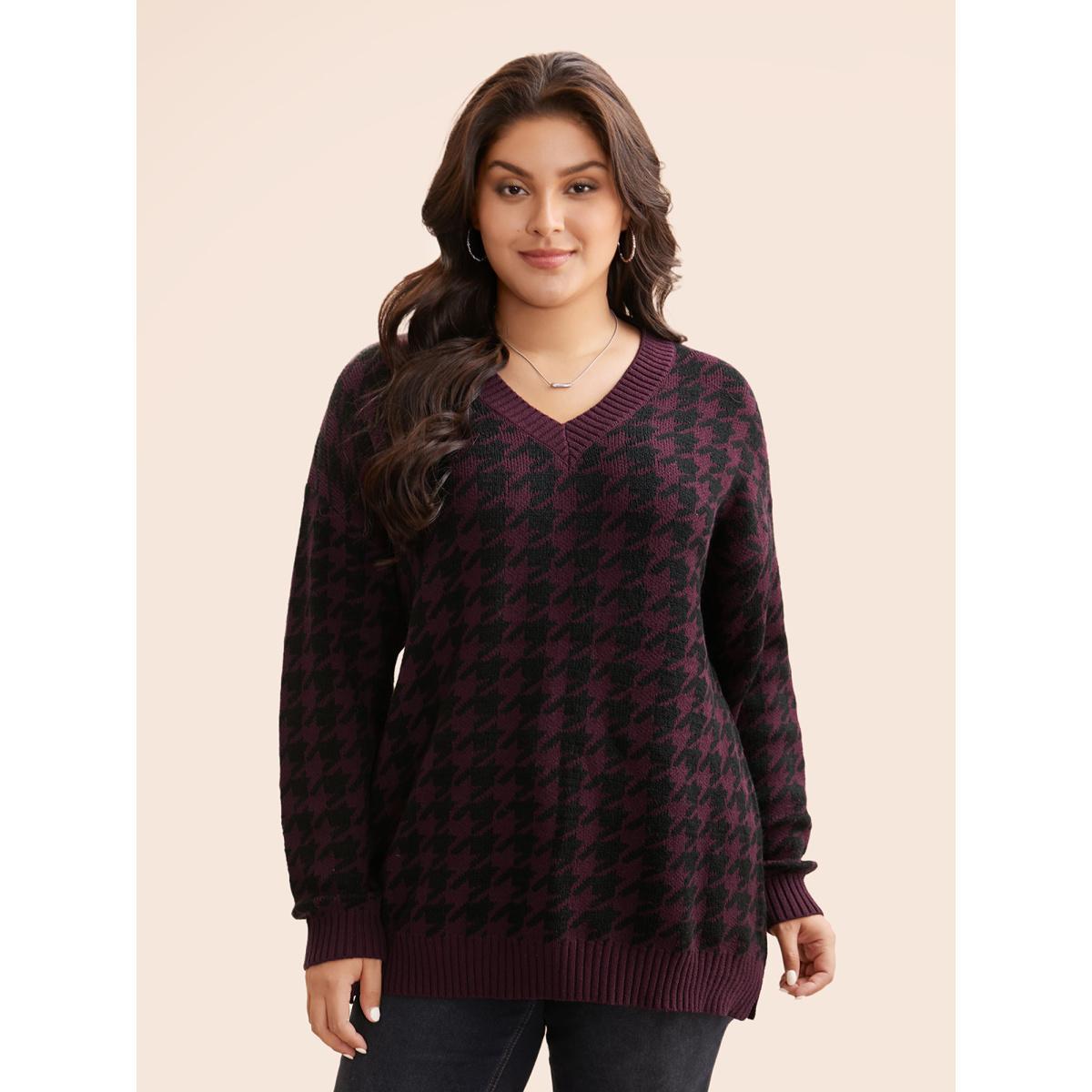 Plus Size V Neck Houndstooth Drop Shoulder Pullover Plum Women Casual Loose Long Sleeve V-neck Everyday Pullovers BloomChic 22-24/3X Product Image