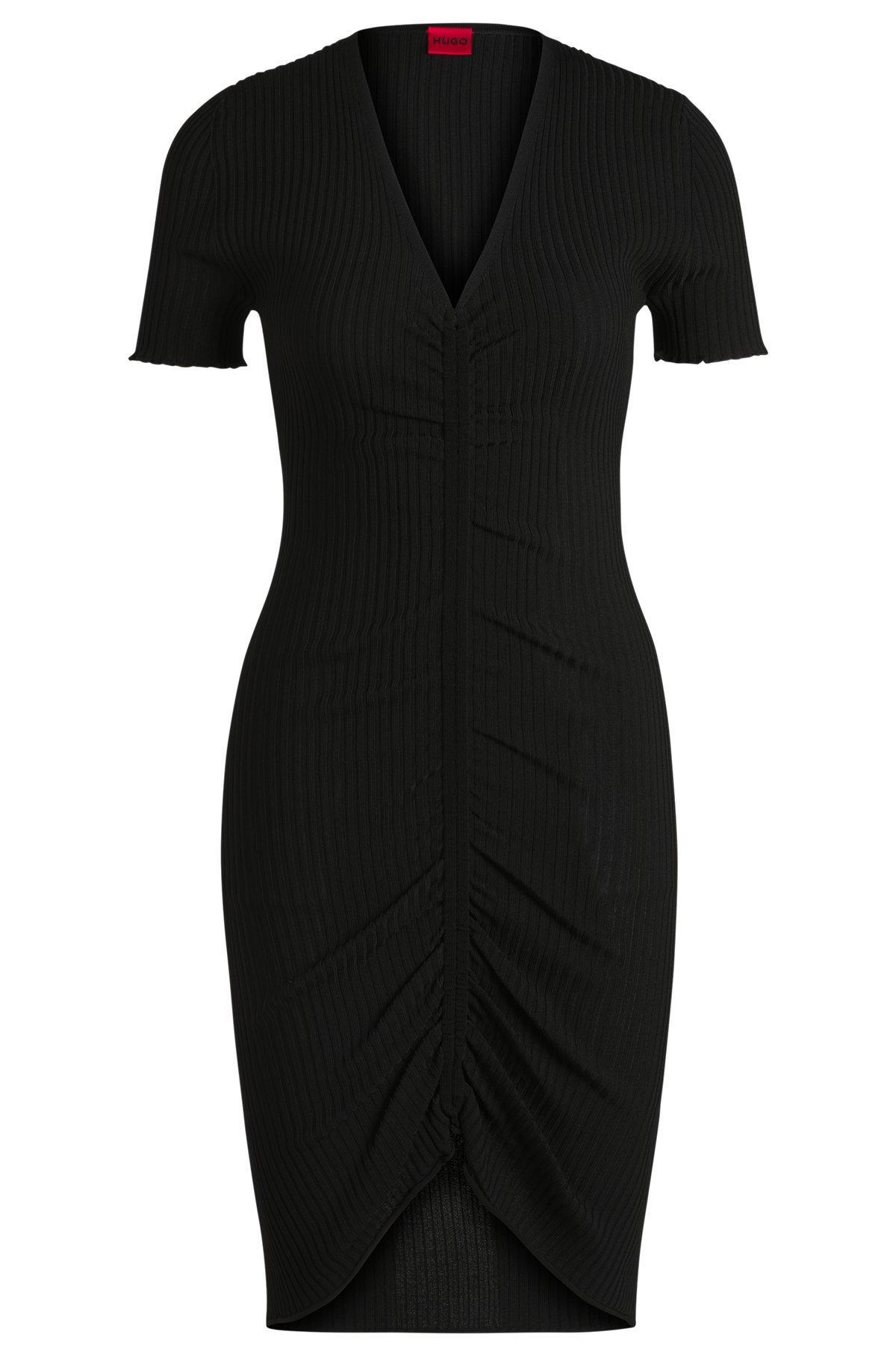 HUGO - V-neck tube dress with gathered front - Black Product Image