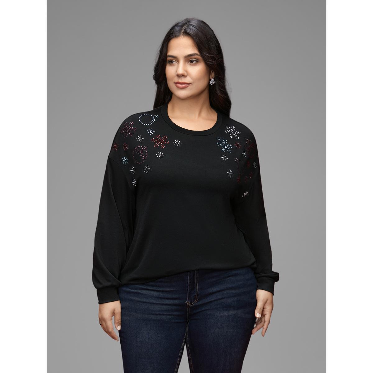 Plus Size Rhinestone Embellished Shoulder Round Neck Tee Black Women Casual Rhinestone detailing Round Neck Everyday T-shirts BloomChic 28/5X Product Image