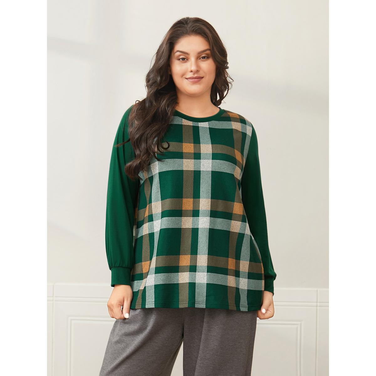 Plus Size Plaid Patchwork Solid Long-Sleeves Tee DarkGreen Women Casual Contrast Round Neck Everyday T-shirts BloomChic 30/6X Product Image
