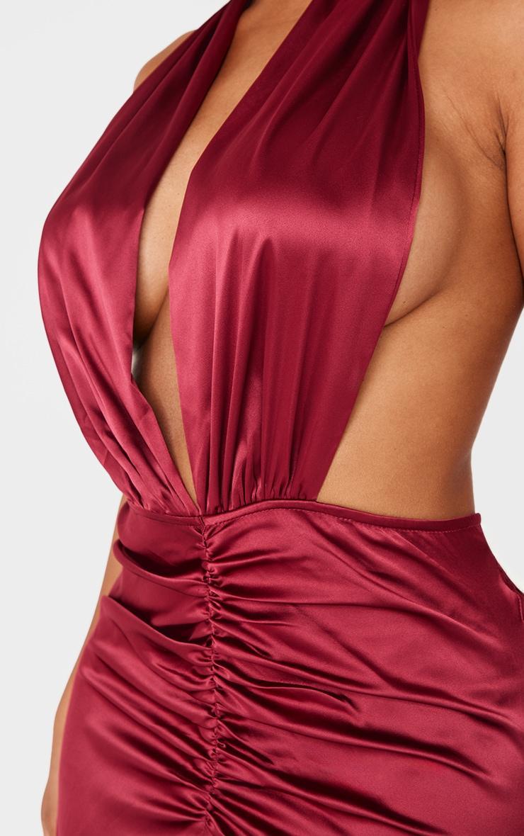 Shape Burgundy Satin Halter Neck Deep Plunge Front Ruched Waist Maxi Fishtail Dress Product Image
