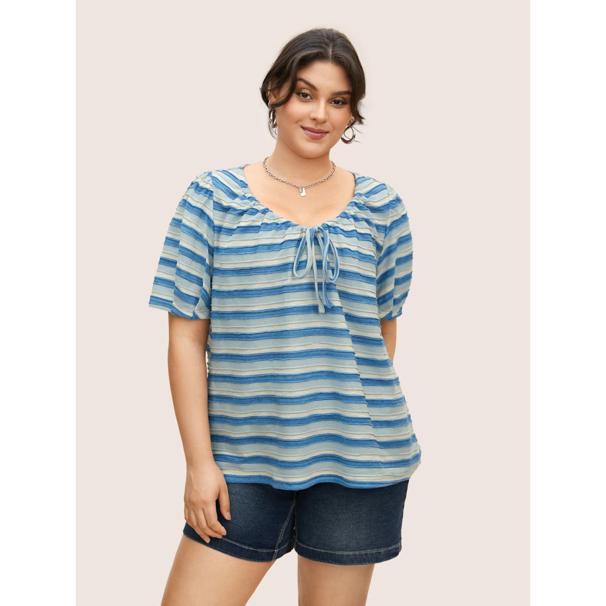 Plus Size V Neck Textured Striped Tie Knot T-shirt Skyblue Women Casual Texture V-neck Everyday T-shirts BloomChic 10/M Product Image