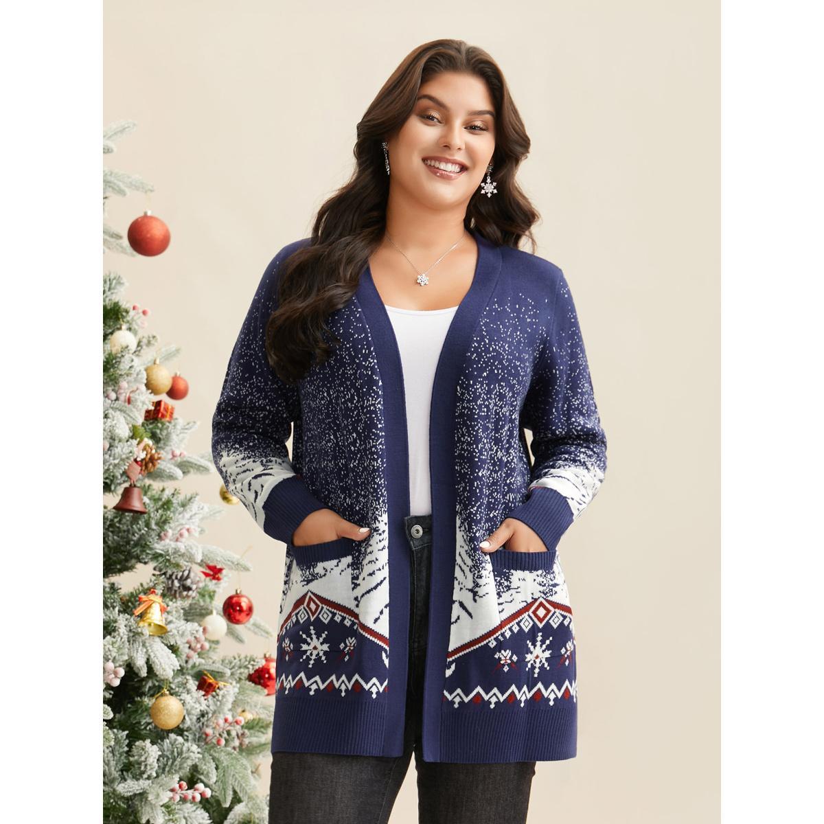Plus Size Snowy Trees Print V-neck Open Cardigan Indigo Women Casual Loose Long Sleeve Everyday Cardigans BloomChic 26/4X Product Image