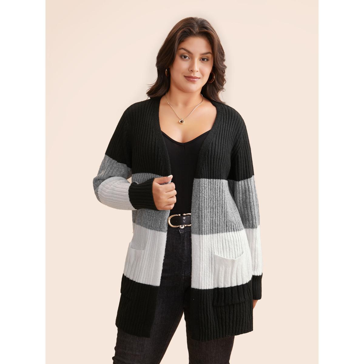 Plus Size Colorblock Contrast Patched Pocket Cardigan Black Women Casual Loose Long Sleeve Everyday Cardigans BloomChic 26/4X Product Image