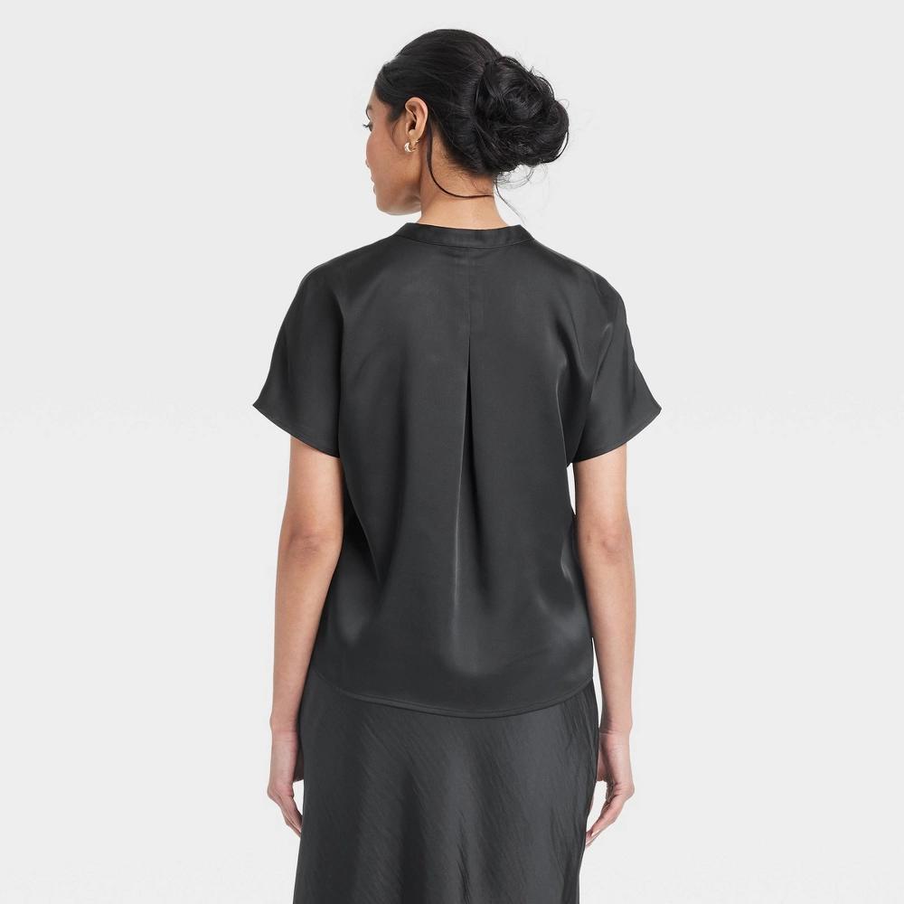 Women's Short Sleeve V Neck Blouse - A New Day™ Black L: Relaxed Fit, Satin, Pleated Back, Button Down Product Image