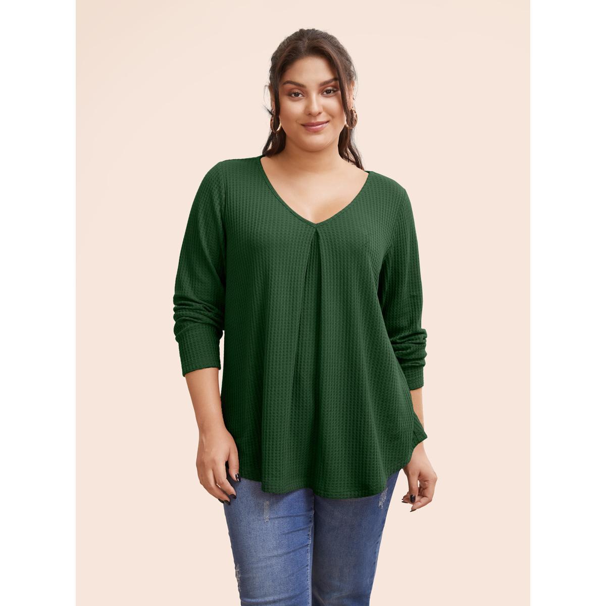 Plus Size Plain Waffle Knit Scoop Neck Plicated Detail T-shirt Black Women Casual Non Plain V-neck Everyday T-shirts BloomChic 30/6X Product Image