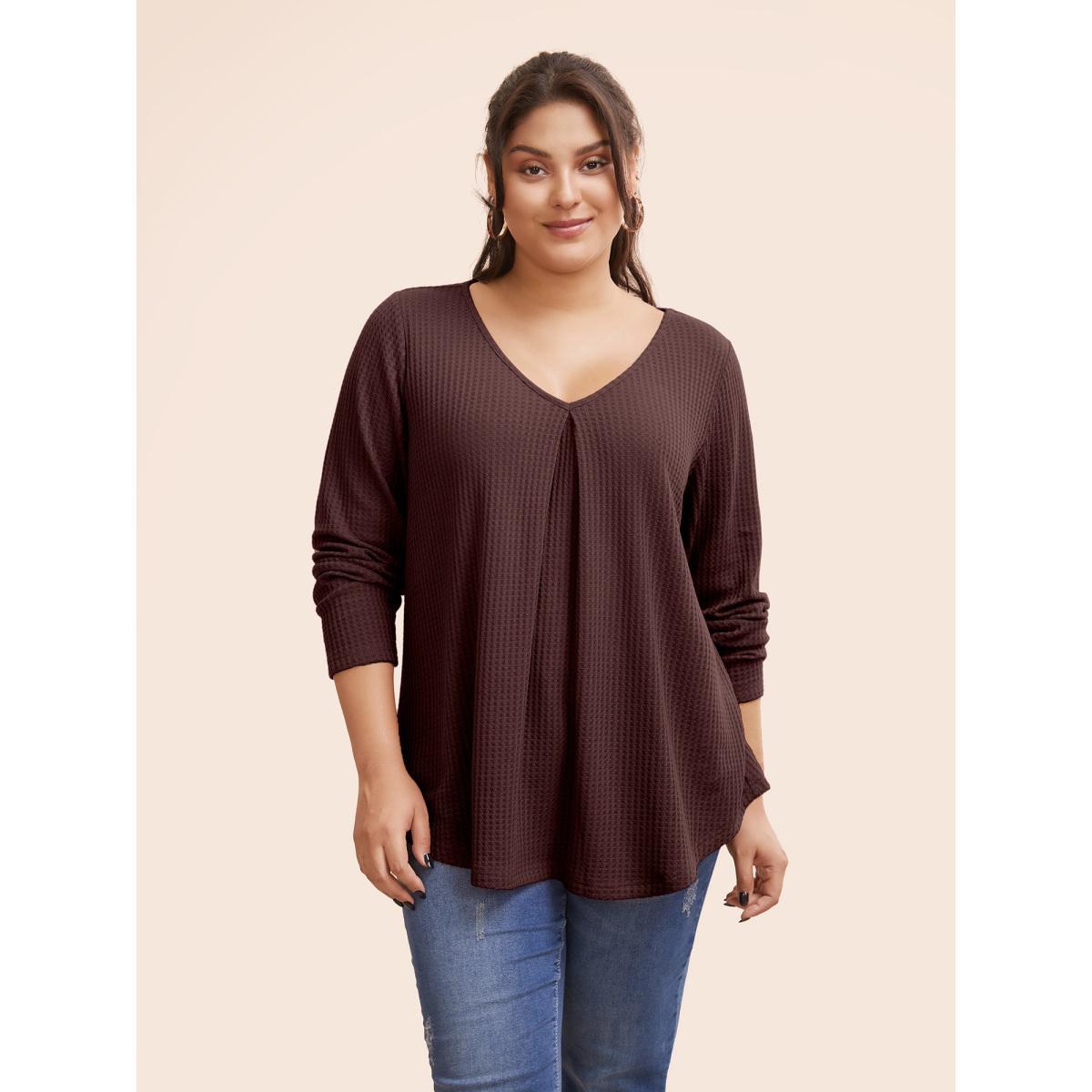 Plus Size Plain Waffle Knit Scoop Neck Plicated Detail T-shirt Black Women Casual Non Plain V-neck Everyday T-shirts BloomChic 30/6X Product Image