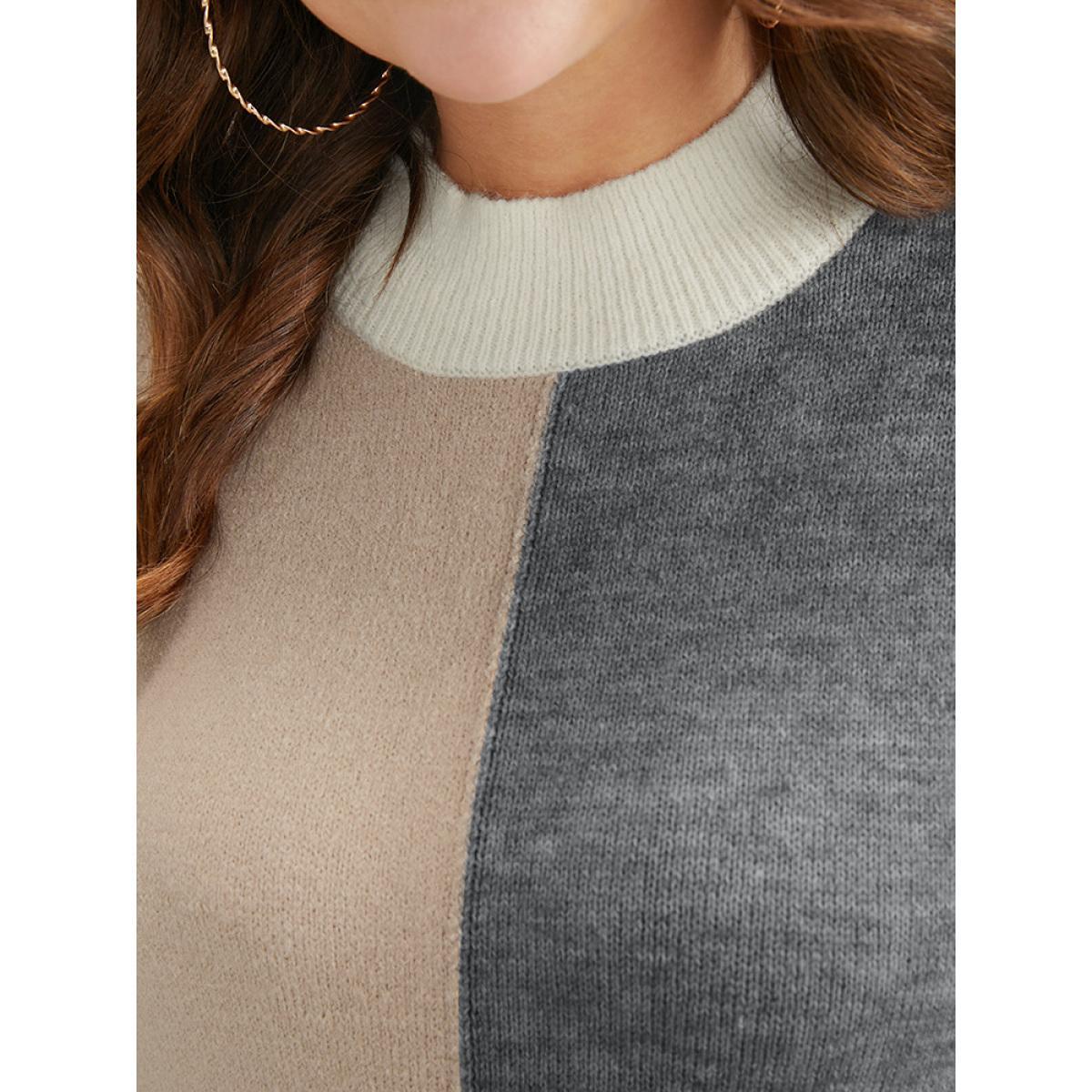 Plus Size Colorblock Contrast Pointelle Knit Heather Mock Neck Knit Top Multicolor Women Casual Long Sleeve Mock Neck Dailywear Pullovers BloomChic 26/4X Product Image