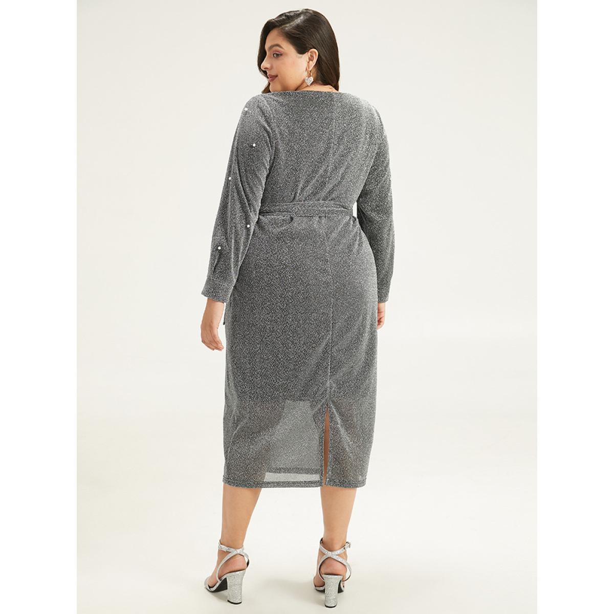 Plus Size V Neck Pearl Beaded Belted Dress DimGray Women Party Wrap Overlap Collar Long Sleeve Curvy Midi Dress BloomChic 28/5X Product Image