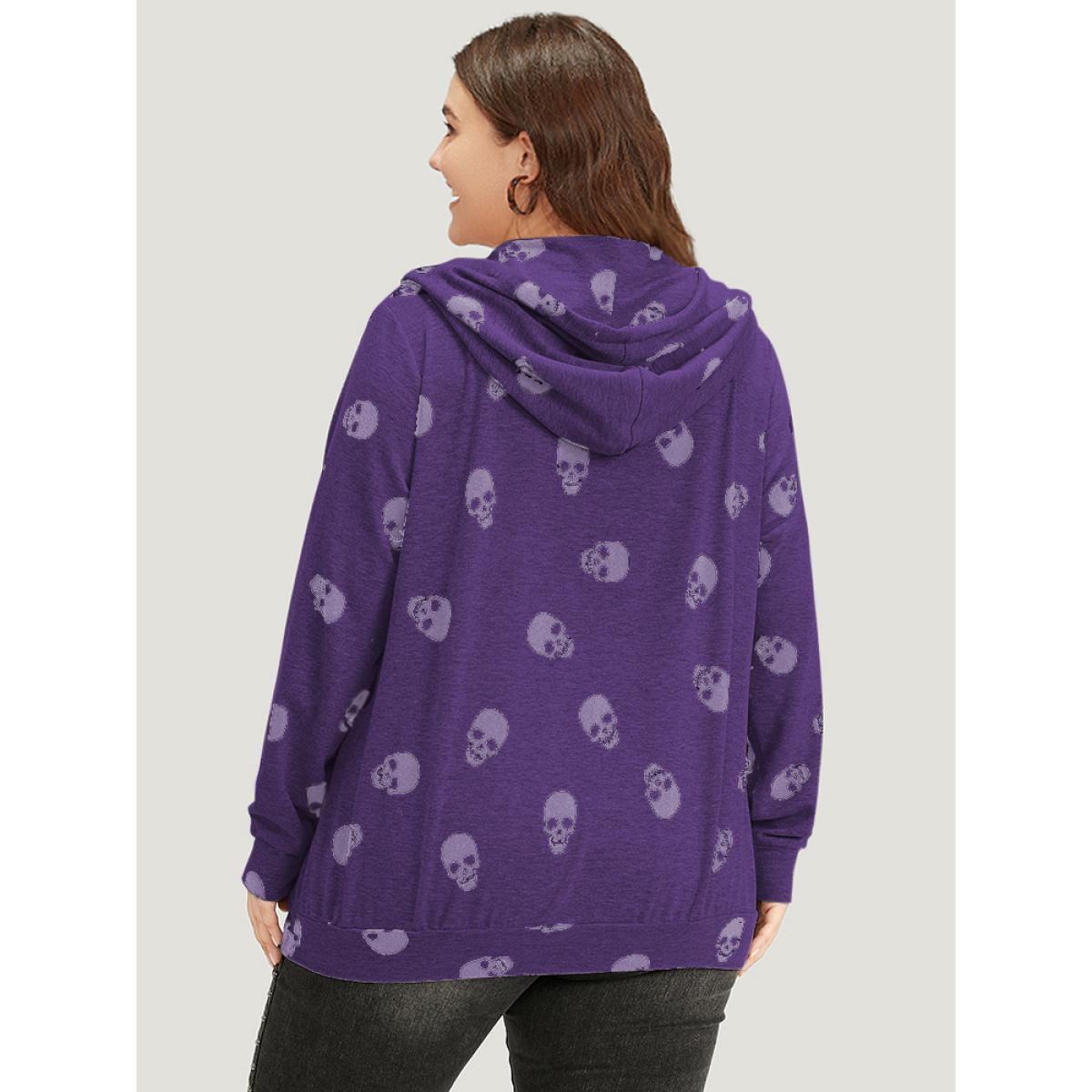 Plus Size Halloween Skull Print Pocket Zipper Hooded Sweatshirt Women Purple Casual Elastic cuffs Hooded Festival-Halloween Sweatshirts BloomChic 22-24/3X Product Image