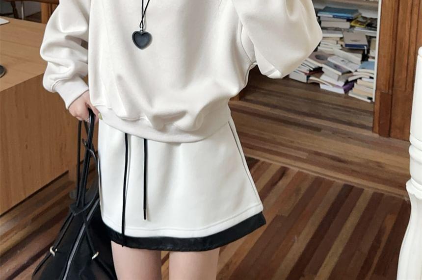 Contrast Collar Faux Leather Panel Sweatshirt / Drawstring Waist Mini A-Line Skirt Product Image