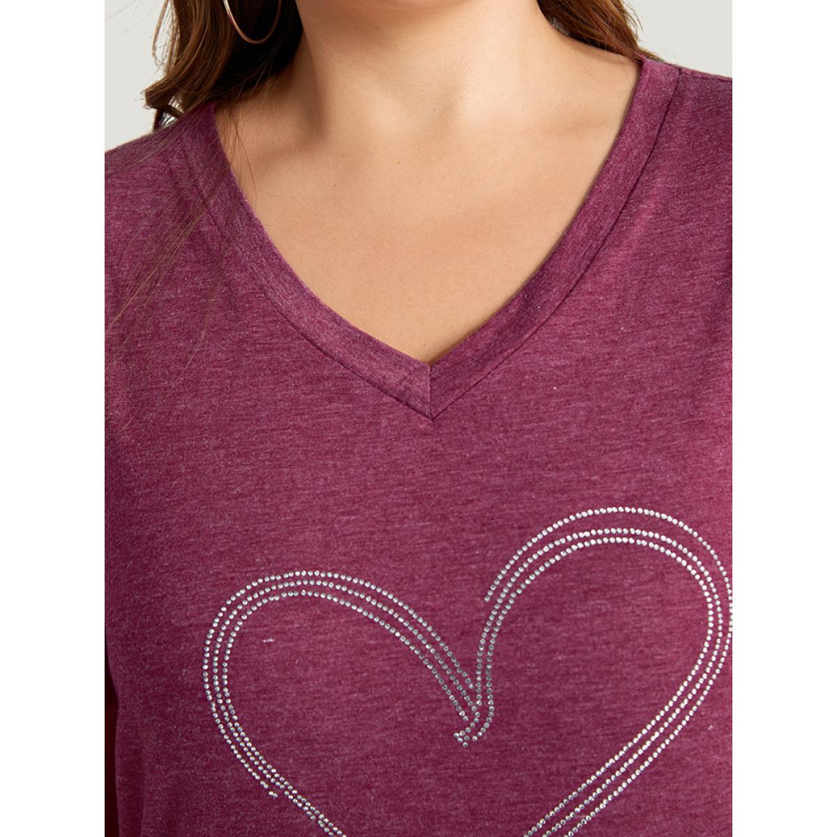 Plus Size Solid Heart Rhinestone V Neck T-shirt RedViolet Women Casual Plain Heart Print Dailywear T-shirts BloomChic 18-20/2X Product Image