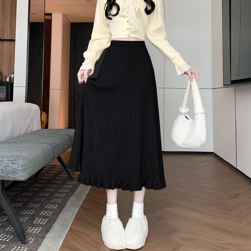 Elastic Waist Plain Ruffle Trim Midi A-Line Knit Skirt Product Image