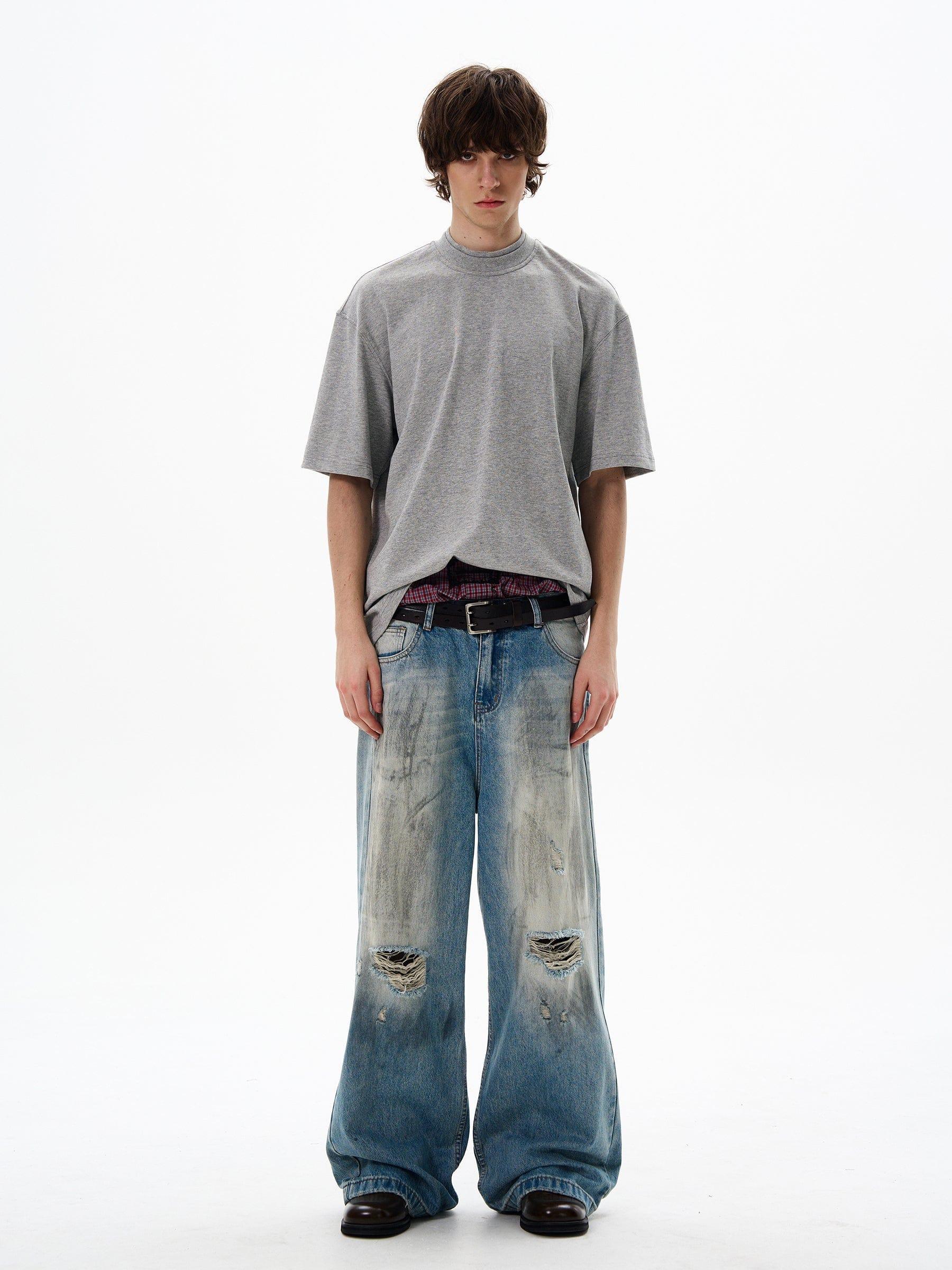 RT No. 12692 DISTRESSED WASHED DENIM STRAIGHT JEANS Product Image