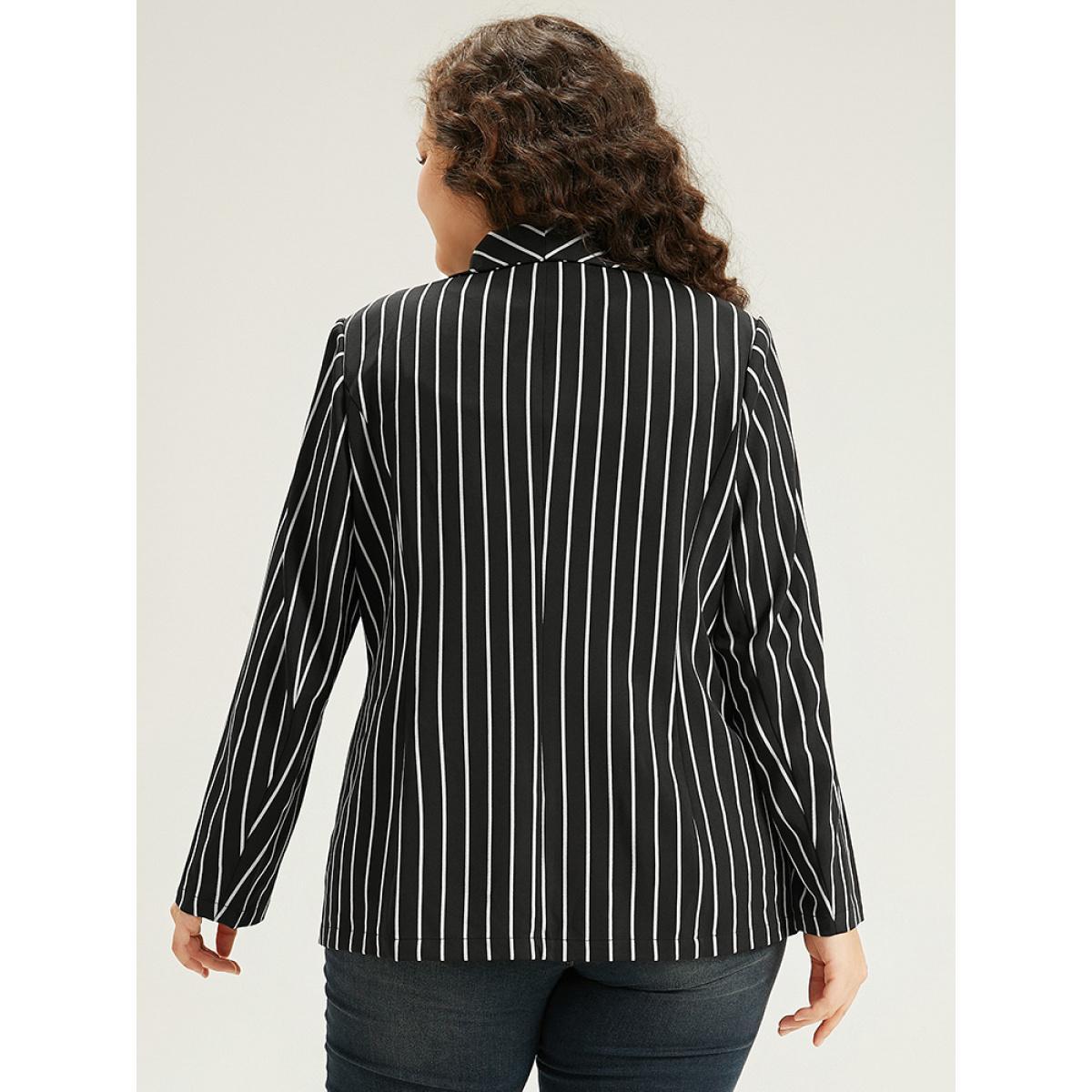 Plus Size Striped Suit Collar Button Up Blazer Black Women Work Striped Contrast Sleeve Long Sleeve Suit Collar 18-20/2X Pocket Casual Blazers BloomChic Product Image