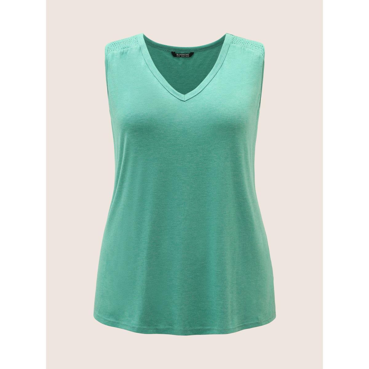 Plus Size Solid V Neck Shirred Tank Top Women Emerald Casual Shirred V-neck Everyday Tank Tops Camis BloomChic 14-16/1X Product Image
