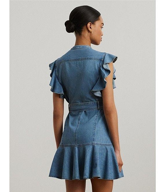 Lauren Ralph Lauren Denim Banded Collar Flutter Sleeve Belted Shirt Dress Product Image
