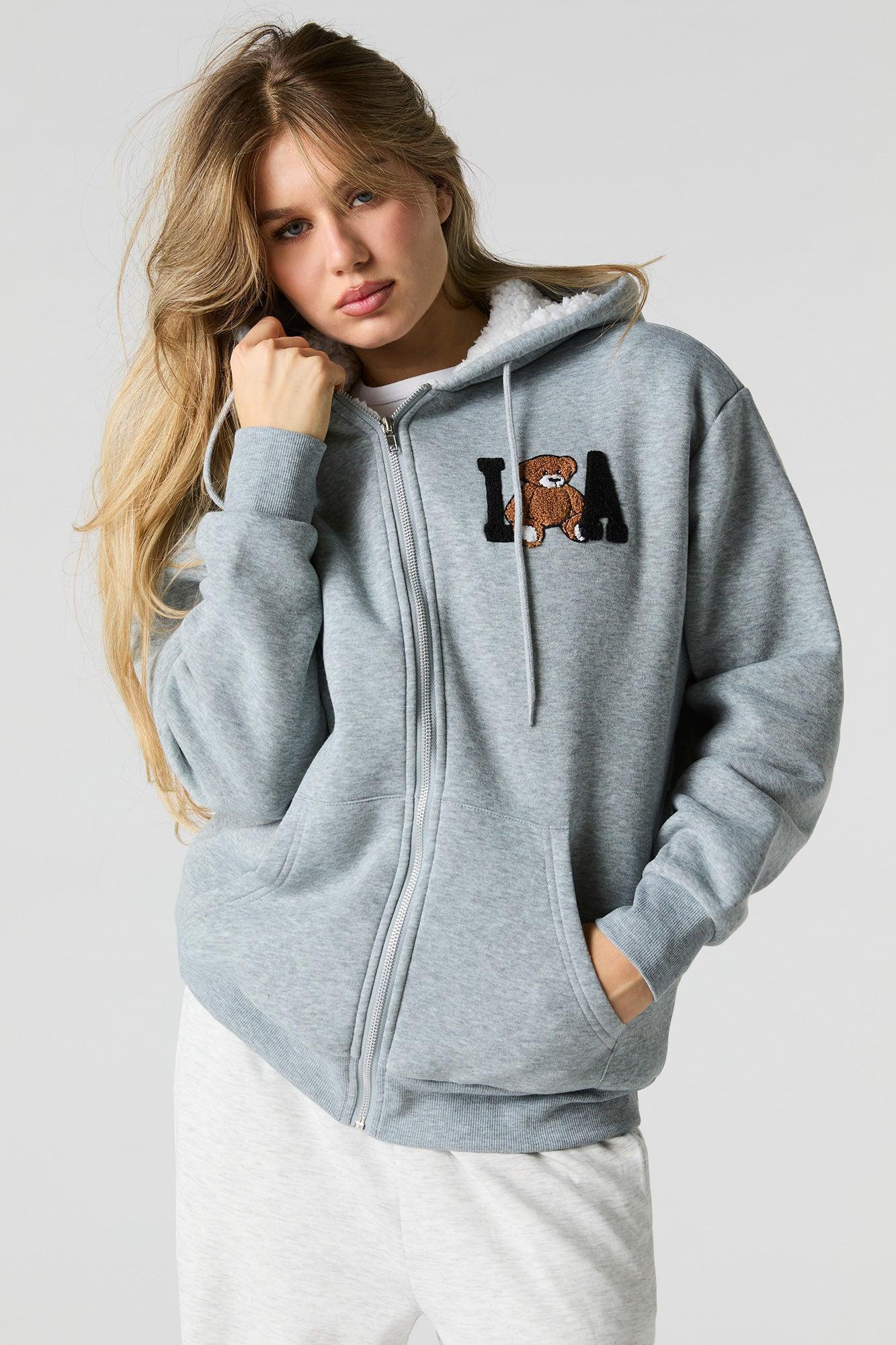 Chenille Embroidered Faux Fur Lined Fleece Hoodie Female Product Image