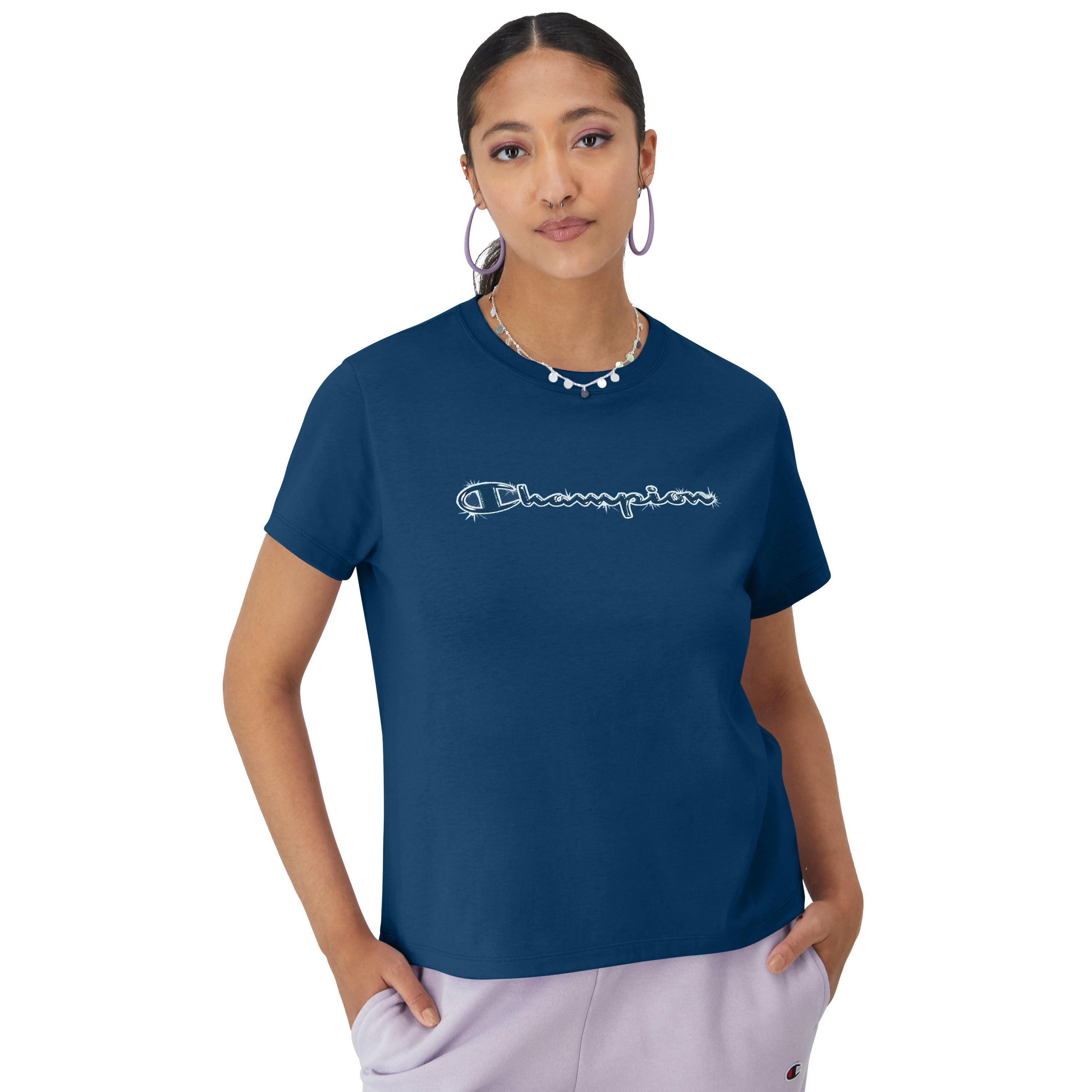 Womens Champion T-Shirt, Sparkling Script Logo Razzleberry/White L Product Image