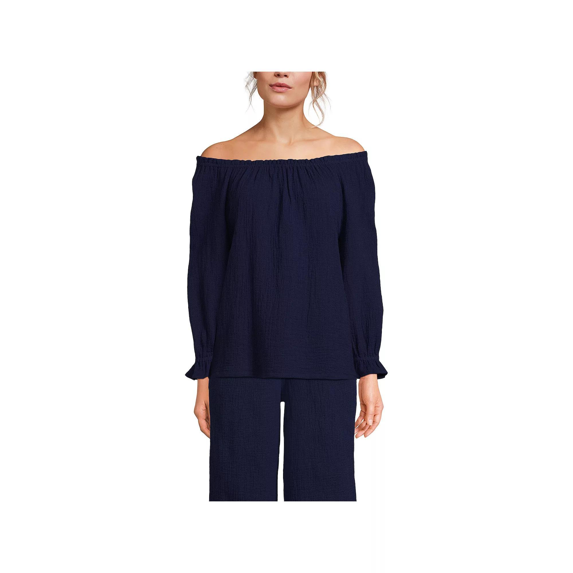 Women's Lands' End Gauze 3/4-Sleeve Off Shoulder Blouse, Size: Large, Deep  Blue Product Image