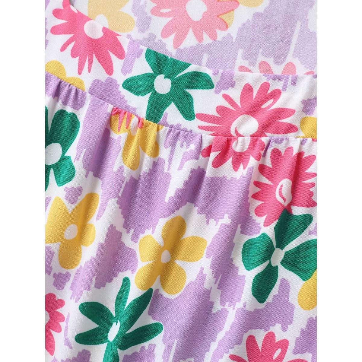 Plus Size Lilac Rainbow Floral Print Pleated Blouse Women Short sleeve Square Neck Everyday-Casual Blouses BloomChic 26/4X Product Image