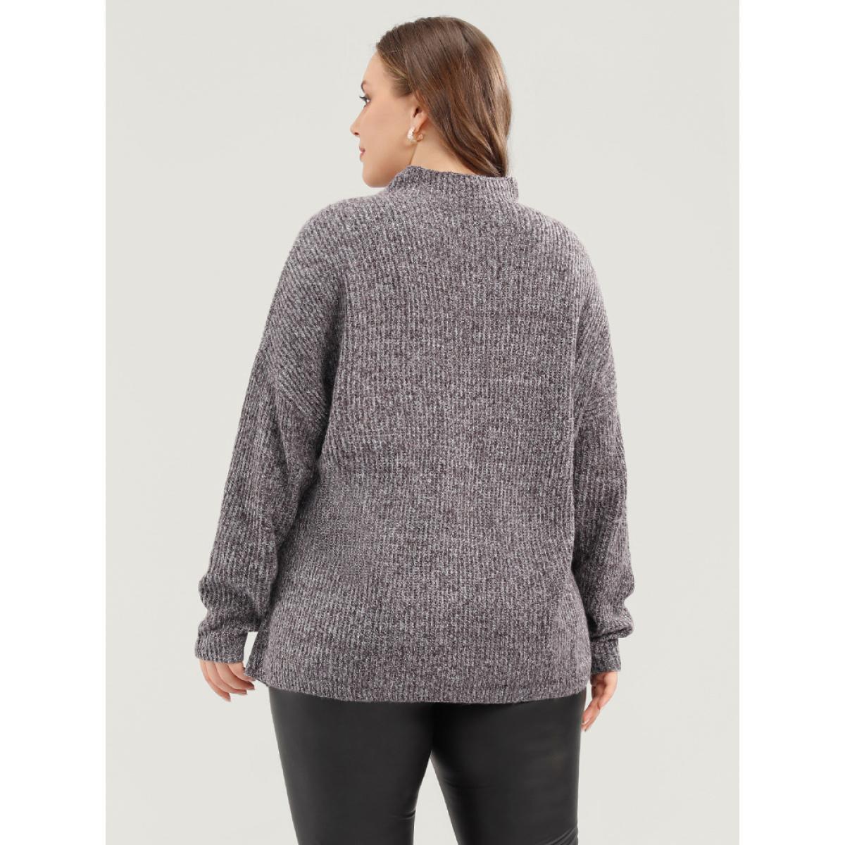 Plus Size Solid Pointelle Knit Mock Neck Belted Heather Knit Top Brown Women Casual Long Sleeve Mock Neck Dailywear Pullovers BloomChic 26/4X Product Image