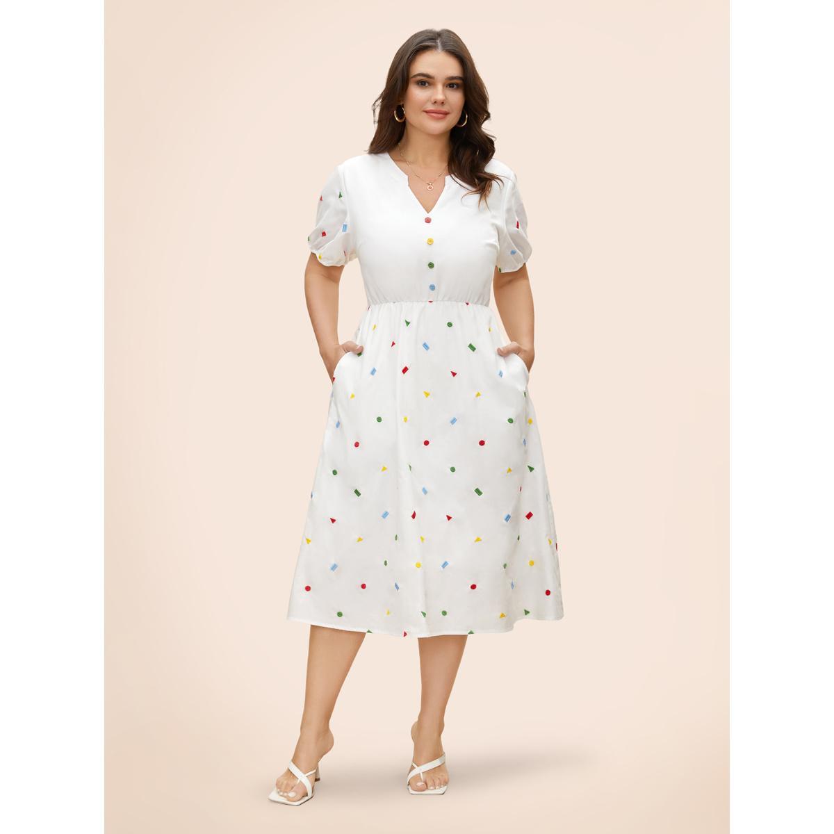 Plus Size Cotton Confetti Print Elastic Waist Midi Dress Originalwhite Women Elegant Gathered Notched collar Short sleeve Curvy BloomChic 22-24/3X Product Image
