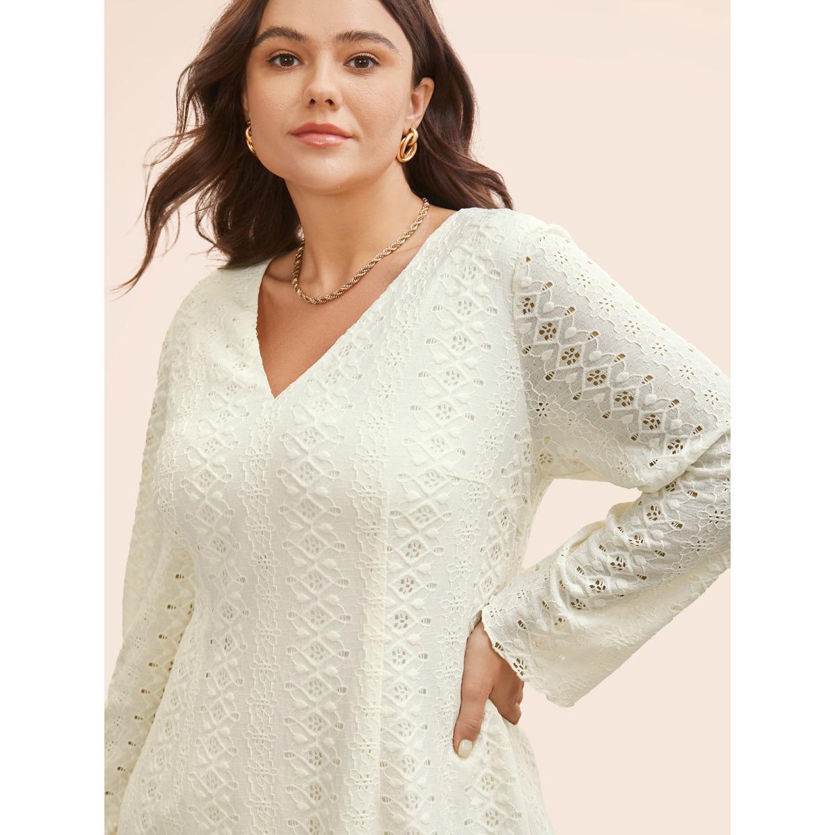 Plus Size Solid V Neck Broderie Anglaise Dress Ivory Women Casual Texture V-neck Extra Long Sleeve Curvy BloomChic 18-20/2X Product Image