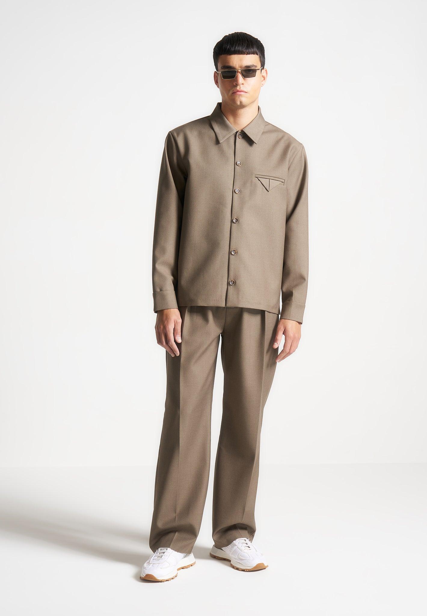 Hatched Tailored Long Sleeve Overshirt - Khaki Male Product Image